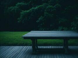 Wooden table and blur tropical green grass background, product display montage. High quality photo 8k FHD AI generated