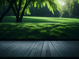 Wooden table and blur tropical green grass background, product display montage. High quality photo 8k FHD AI generated