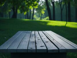 Wooden table and blur tropical green grass background, product display montage. High quality photo 8k FHD AI generated