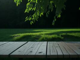 Wooden table and blur tropical green grass background, product display montage. High quality photo 8k FHD AI generated