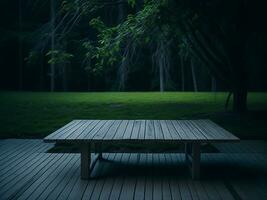 Wooden table and blur tropical green grass background, product display montage. High quality photo 8k FHD AI generated