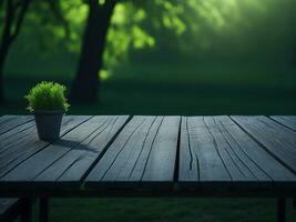 Wooden table and blur tropical green grass background, product display montage. High quality photo 8k FHD AI generated