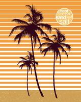 Vector illustration of coconut tree silhouette in composition of Sun and text and stripes in the background. Art in graphic style for prints, stickers, decoration, etc.