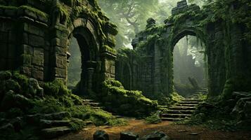 Generative AI, Old green ruins of historical building overgrown by moss and grass photo