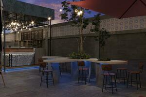 Simple Art, Reachable Furnishings and Natural Touches Interior For Rooftop Coffee and Tea Place 3D rendering photo