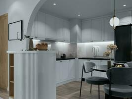 Classic and Modern Kitchen and Small Dining Set-up Idea With Creative Thoughts 3D rendering photo
