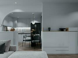 Modern Home Interior Design With Elegance White Open Kitchen Cum Living Space 3D rendering photo