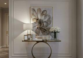 Outstanding Wall Decoration Idea Allocated with Floral Painting, Flower, Lamp, table 3D rendering photo