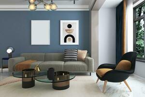 elegante vivo habitación con un popular de color, parte superior azul fondo, pared marco vectores obra de arte diseño 3d representación foto