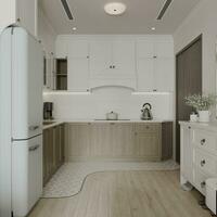 Open kitchen for a studio apartment and wardrobe placement and interior design overview 3D rendering photo