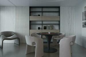 creativo comida habitación decoración ideas para el inteligente vivo habitación, elegante silla en gris tema 3d representación foto