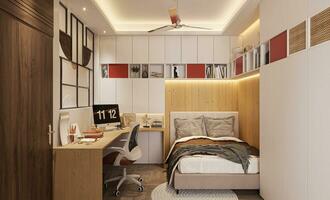 un soñador dormitorio diseño un cómodo cama y elegante mueble para un relajante retirada 3d representación foto
