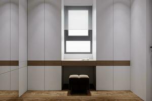 Tiny Study Room Interior with White Wall Cabinet, Daylight From Window 3D rendering photo