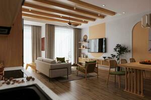 Wooden home decoration items on living room interior design for smart lifestyle 3D rendering photo