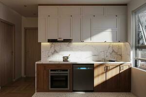 White and Wooden Proper Combination Used into Contemporary Kitchen 3D rendering photo