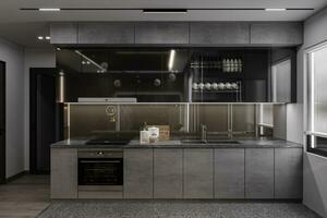 funcional moderno cocina interior diseño con organizado utensilios y refrigerador negro espejo alacena 3d representación foto