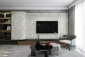 TV Set on the Marble Wall Mounted, a Wall shelf next to the TV, armchair behind Window 3D rendering photo