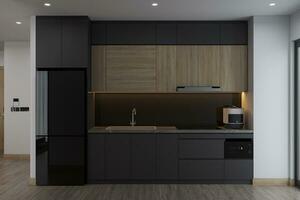 Black and Wooden Feature cupboard Cabinet with water tap, Fridge in Contemporary Kitchen, 3D rendering photo