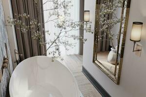 A large window next to the Bathtub and a White flower plant Standing By Bathtub, a Wall mirror Hanging on the wall, 3D rendering photo