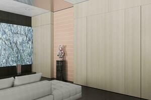 Interior of Living Room with Wooden Wall, Statue Near to TV Wall Mounted 3D rendering photo