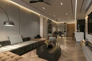 3D view of Modern living room where allocated with expensive stuff 3D rendering photo