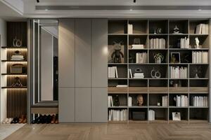 A large Bookshelf with a lot of books and decoration items next to foyer space 3D rendering photo
