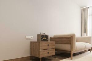 90's Radio on the console table beside White Stylish Sofa 3D rendering photo