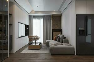 Empty space decorated For a living area with Modern Furnishings, Sofa, Laminated Floor 3D rendering photo