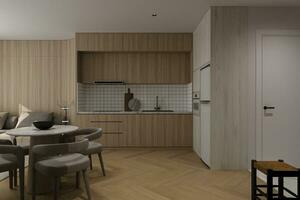 White and wooden decoration For walls and Floor, Efrotable Stuff in the studio house, 3D rendering photo