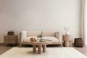 Simple and Elegant Couch Behind Wooden Coffee table on the White rustic Mate, White Wall Paint, Lamp on the console table next to the Window 3D rendering photo