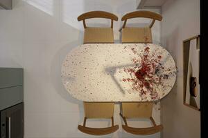 Top view of Dining set, wooden Chairs, Dried Flowers on the White Marble Table 3D rendering photo