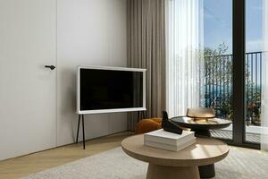 Serif TV Standing near the Verandah Doors with Curtains and also glance outdoor view of the city, 3D rendering photo