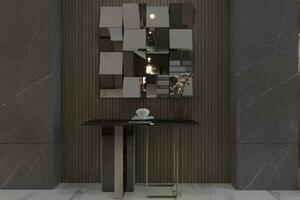 Mirror Wall Frame on the wooden Wall in front of the Console table, Empty space interior 3D rendering photo