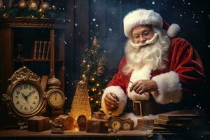 Papa Noel claus sentado a el mesa con libros y reloj. Navidad, Navidad y nuevo año Días festivos concepto, ai generado foto