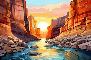 Horseshoe Bend in the Utah desert at sunset illustration, Canyon with a river between the rocks at dawn time. Post-impressionism style pictur, AI Generated photo