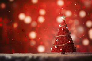 Christmas tree on red background with bokeh. Christmas and New Year concept, Christmas Tree With Ornament And Bokeh Lights In Red Background, AI Generated photo