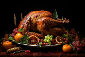 Garnished roasted turkey on a festive table with fruits and wine, Christmas or Thanksgiving turkey, AI Generated photo