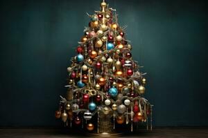 Christmas tree with colorful baubles on dark background. Copy space, Christmas Tree with Decorations, AI Generated photo