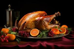roast turkey on a plate with oranges and cranberries on a black background, Christmas or Thanksgiving turkey, AI Generated photo