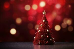 Christmas tree on red bokeh background. New Year concept, Christmas Tree With Ornament And Bokeh Lights In Red Background, AI Generated photo