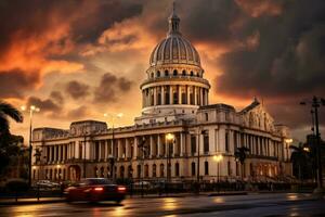 S t. de pablo catedral en la Habana, Cuba, a atardecer, capitolio edificio en la Habana Cuba, ai generado foto