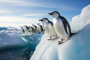 grupo de pingüinos en el hielo témpano de hielo, antártico península, Antártida, Correa de la barbilla pingüinos, pigoscelis Antártida, en un iceberg apagado el sur Shetland islas, ai generado foto