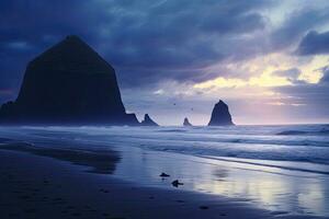 Fantastic sunset at Reynisfjara Beach, Iceland, Europe, Cannon Beach Dusk Solitude. Evening twilight at Haystack Rock in Cannon Beach, Oregon as the surf washes up onto the beach, AI Generated photo