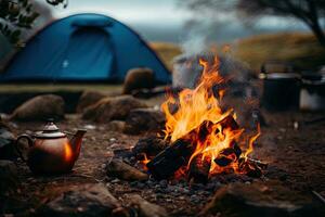 Camping in the mountains with a kettle and a tent on the background, Camp fire and tea pot are foreground and focused, there is a tent in the background and defocused, AI Generated photo