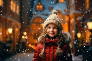linda pequeño niña en un rojo chaqueta y sombrero en un Nevado Navidad calle, Navidad y nuevo año Días festivos concepto, ai generado foto