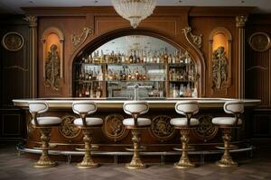 Luxury bar interior with bar counter and barman's chair, Classic bar counter, AI Generated photo