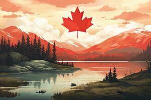 canadiense naturaleza paisaje con un lago y un arce hoja. vector ilustración, Canadá bandera y hermosa canadiense paisajes, ai generado foto