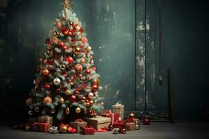 Christmas tree with gifts and decorations in front of a grunge wall, Christmas Tree with Decorations, AI Generated photo