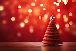 Christmas tree made of red glitter on red bokeh background, Christmas Tree With Ornament And Bokeh Lights In Red Background, AI Generated photo