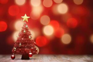 Christmas tree on red bokeh background. Merry Christmas and Happy New Year, Christmas Tree With Ornament And Bokeh Lights In Red Background, AI Generated photo